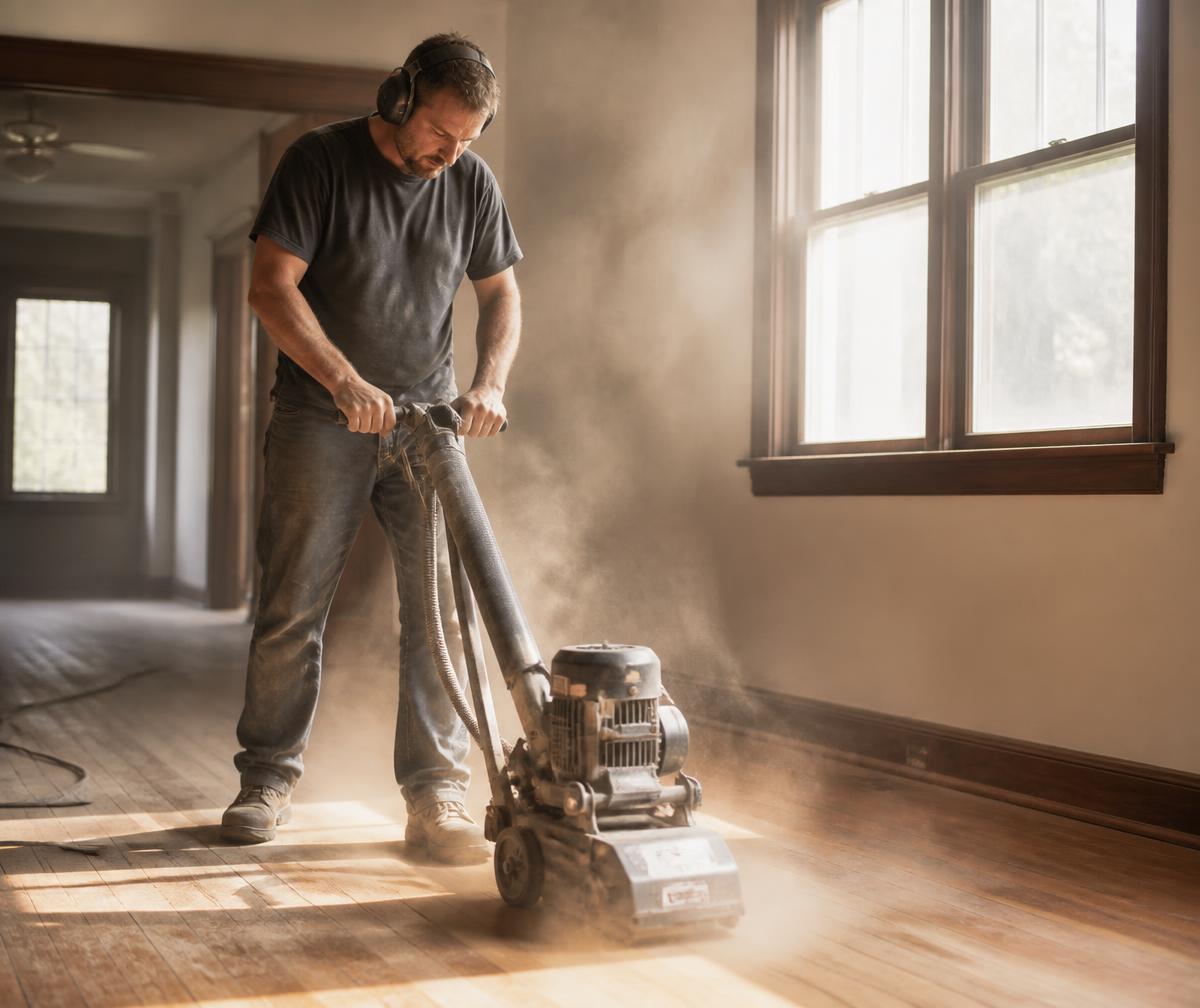 Craftsman refinishing a hardwood floor with a sander