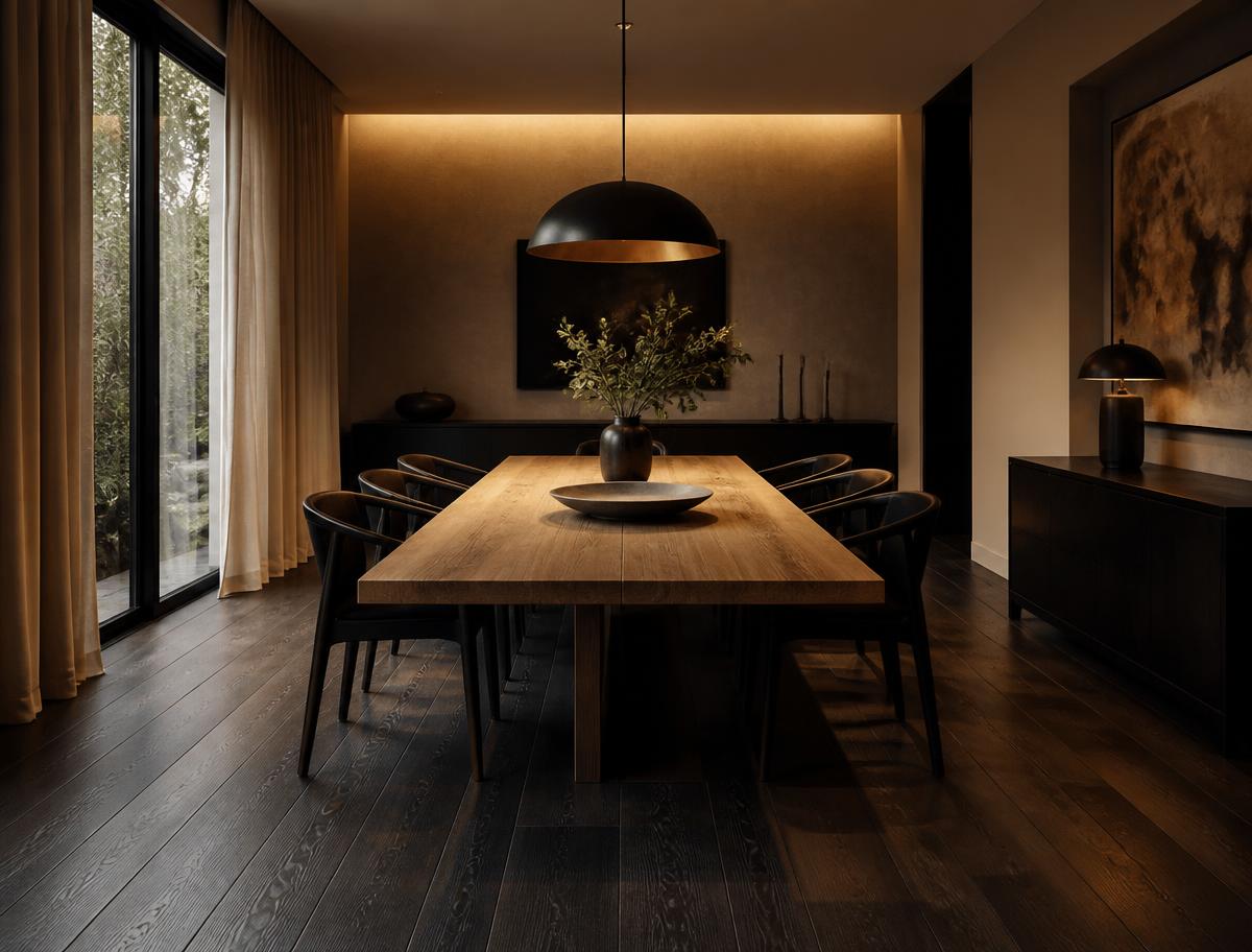 Dark ash flooring in a contemporary dining room