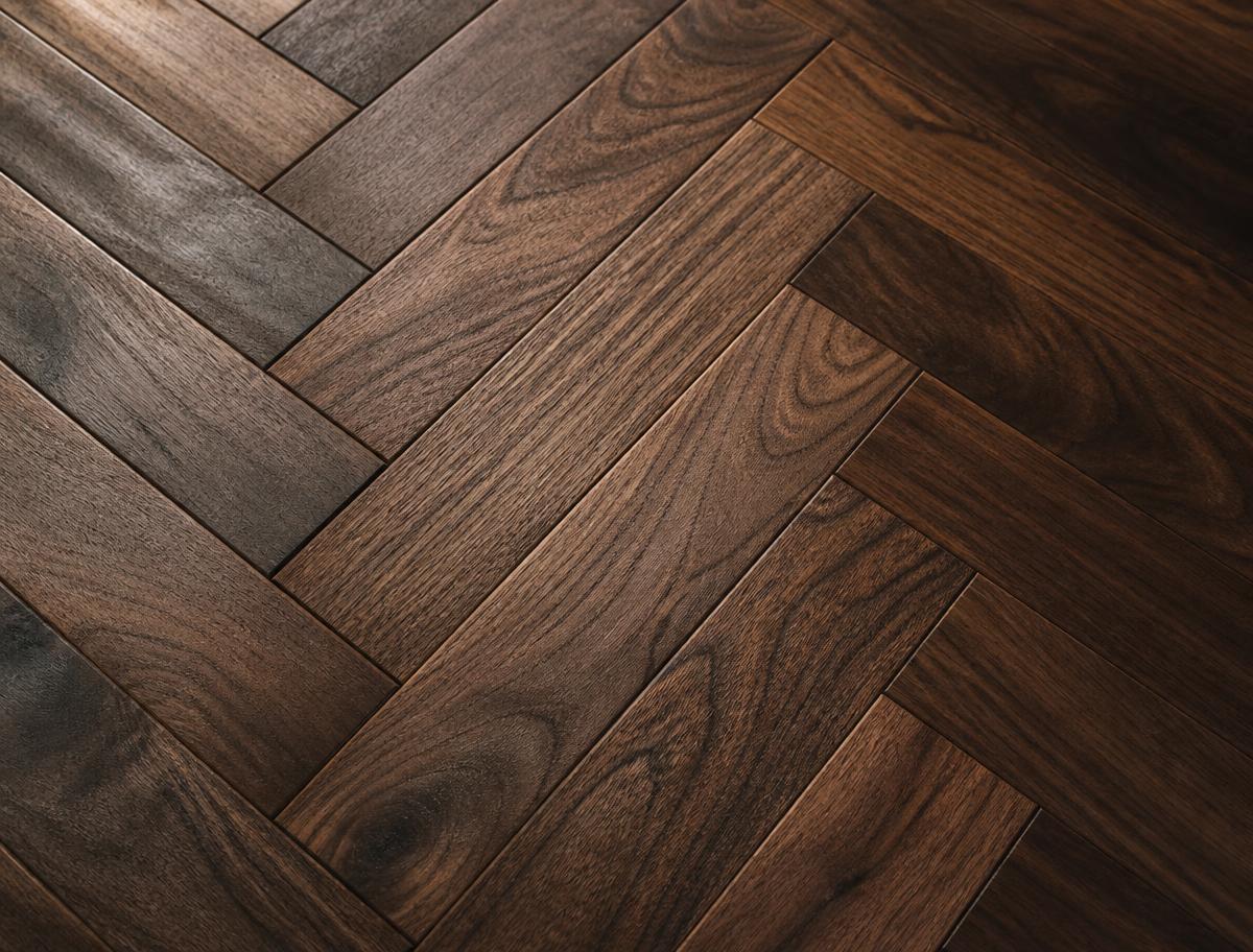 Reclaimed walnut herringbone parquet detail